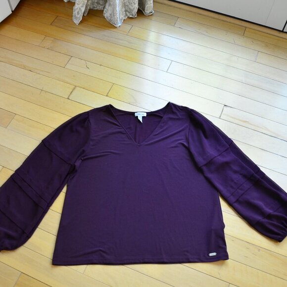 Calvin Klein V Neck Blouse with Sheer Sleeves Size XL Merlot - Picture 1 of 9
